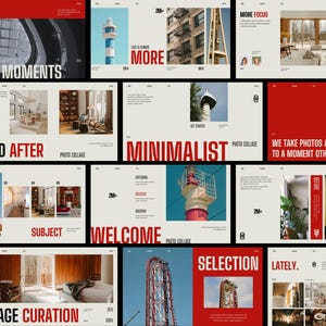 Op de afbeelding: Een digitaal portfolio-ontwerp met een raster van foto's, gedurfde rode en witte typografie en secties met de titels Curated Moments, Less Is Always More, Before and After, Minimalist, Welcome, Selection en Image Curation.