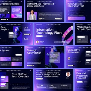 Può includere: Un modello di presentazione digitale con uno sfondo sfumato blu e viola scuro, con intestazioni di testo bianche come Increasing Cybersecurity Risks, Information Technology Pitch e Strategic Optimization, organizzate in un layout a griglia.