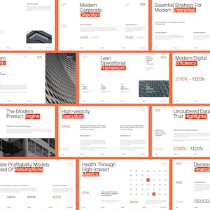 May include: A collection of presentation slides featuring black text on a white background with orange accents. The slides display business-related titles like Modern Corporate Direction, Lean Operational Framework, and Modern Digital Efficiency.