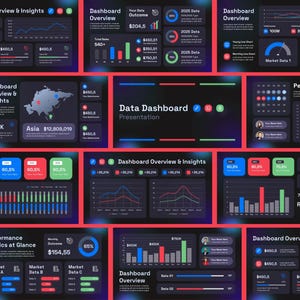 Op de afbeelding: Een verzameling van donker vormgegeven data-dashboard interface ontwerpen met diverse grafieken, diagrammen en prestatie-indicatoren. De lay-outs bevatten lijngrafieken, staafdiagrammen, cirkelvormige voortgangsindicatoren en kaarten met neonkleurige accenten.