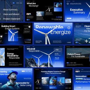 May include: A collection of digital interface designs featuring a dark blue and black color palette with white typography. The layouts display wind turbines, solar panels, and data metrics including 8.90M, +70%, +225M, and +80%.