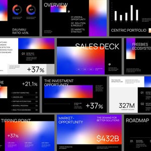 Peut inclure: Une collection de diapositives de présentation professionnelle avec un thème sombre et des accents dégradés vibrants violets, bleus et orange. Les diapositives affichent diverses données, graphiques et titres comme Sales Deck, Roadmap et Market Opportunity.