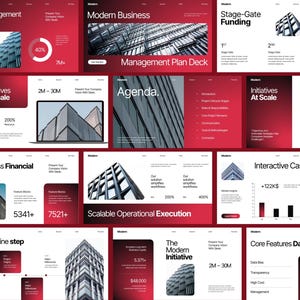 May include: A collection of business presentation slides featuring a red and white color scheme with modern architectural photography, data charts, and text headers including Business Management Objectives, Modern Business, and Core Features Data.