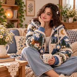 Woodland Hooded Cardigan Crochet Pattern PDF, Cottagecore Granny Square Jacket with Daisy Flowers, Forest & Cottage Details