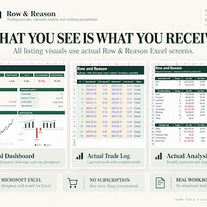 Könnte beinhalten: Eine digitale Anzeige mit Row & Reason Handelsjournalen und Bewertungsmodellen. Sie zeigt ein tatsächliches Dashboard, ein Handelslogbuch und eine Analyse im Microsoft Excel-Format mit dem Text WHAT YOU SEE IS WHAT YOU RECEIVE und NO SUBSCRIPTION.