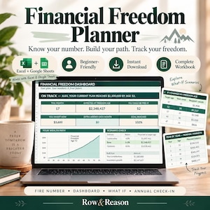 May include: A digital Financial Freedom Planner displayed on a laptop screen, featuring a dashboard with wealth path graphs, scenario checks, and investment tables. The planner is compatible with Excel and Google Sheets, offering a complete workbook for tracking financial goals, investment growth, and retirement planning scenarios.