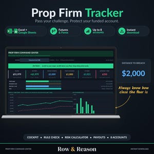 Prop Firm Tracker | Funded Trader Journal, Drawdown och Risk Calculator | Excel + Google Sheets