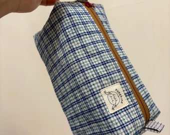 Handmade Double Layer Cotton Grid Tofu Shape Makeup Bag, Textured Fabric Pouch, Cosmetic Organizer, Travel Essentials, One-of-a-kind Gift
