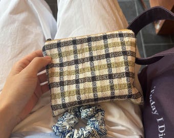 Thai Cotton Linen Small Square Pouch | Handmade Zipper Cosmetic Bag | Textured Artisanal Makeup Organizer | Compact Travel Fabric Pouch