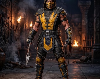 May include: A warrior figure wearing a hooded yellow and black suit with spiked armor on the shoulders, forearms, and shins. The figure wears a yellow mask and holds a metal spear attached to a long chain in one hand and a coiled rope in the other.