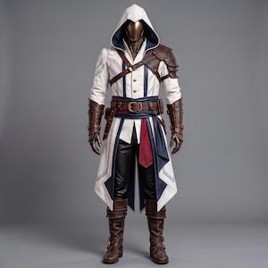 May include: A full-body costume featuring a white hooded jacket with blue and red accents, brown leather-like shoulder armour, forearm gauntlets, and a belt with a buckle. The outfit includes black trousers and brown leather boots with straps.
