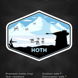 May include: A hexagonal sticker featuring a light blue landscape of Hoth with white mountains, black silhouettes of AT-AT walkers, TIE fighters, and a base structure. The text reads stick me! somewhere cool... and HOTH FERAL WORLD.