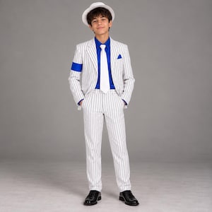 80s 90s Michael Jackson Cosplay Costume: White Pinstripe Suit, Royal Blue Shirt, Fedora Hat
