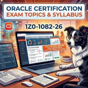 May include: A black and white dog wearing glasses sits at a desk with a laptop displaying Oracle certification exam topics and syllabus 1Z0-1082-26. The desk includes a tablet, an open book, a notebook, a pen, a computer mouse, and a bowl of food.