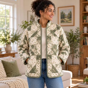 May include: A quilted jacket featuring a patchwork pattern of sage green and cream floral fabric. The jacket has a stand-up collar, long sleeves, and a straight hemline with solid sage green trim along the front opening and edges.