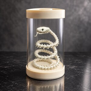 Peut inclure: Une sculpture de squelette de serpent blanc enroulé avec un œil sombre et une langue saillante, enfermée dans un présentoir cylindrique transparent doté d'une base crème solide et d'un couvercle amovible assorti.