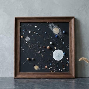 Handmade Solar System Shadow Box, 3D Planetary Art in Walnut Wood Frame, Celestial Astronomy Display for Space Lover Gift