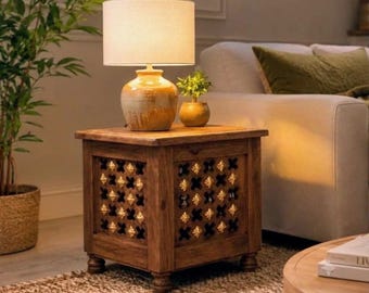 Handcrafted Mango Wood Side Table, Brass Inlay, Indian Jali Bedside Stool (Boho Decor)