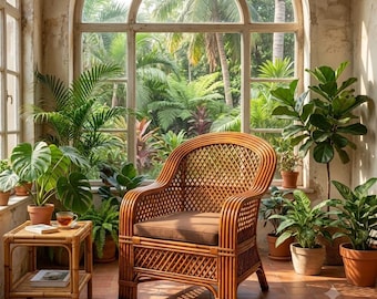 May include: A light brown rattan armchair with a solid brown seat cushion, positioned next to a matching two-tier rattan side table. The furniture is surrounded by various potted green houseplants in a sunlit room with a large arched window.