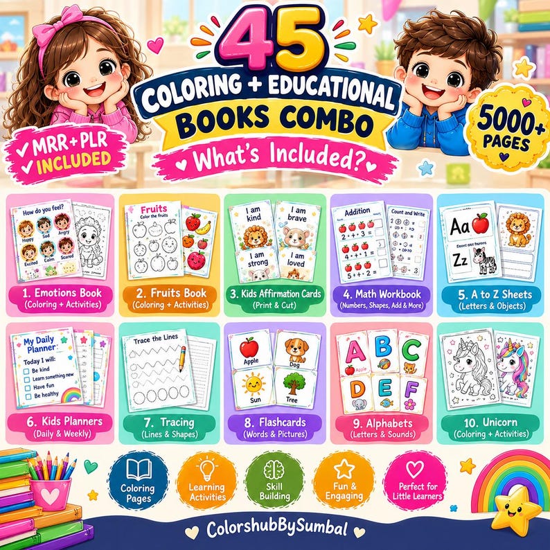 Learning Math Problem Coloring Pages 5,000+ Page Kids Activity Bundle, 45 Educational Books (digital ...