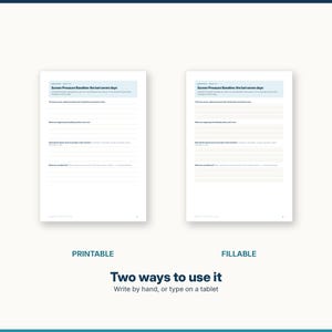 Puede incluir: Dos hojas de trabajo blancas id&eacute;nticas tituladas Screen Pressure Baseline: the last seven days, con secciones rayadas para respuestas escritas. Debajo de las hojas, el texto dice Printable, Fillable y Two ways to use it: Write by hand, or type on a tablet.