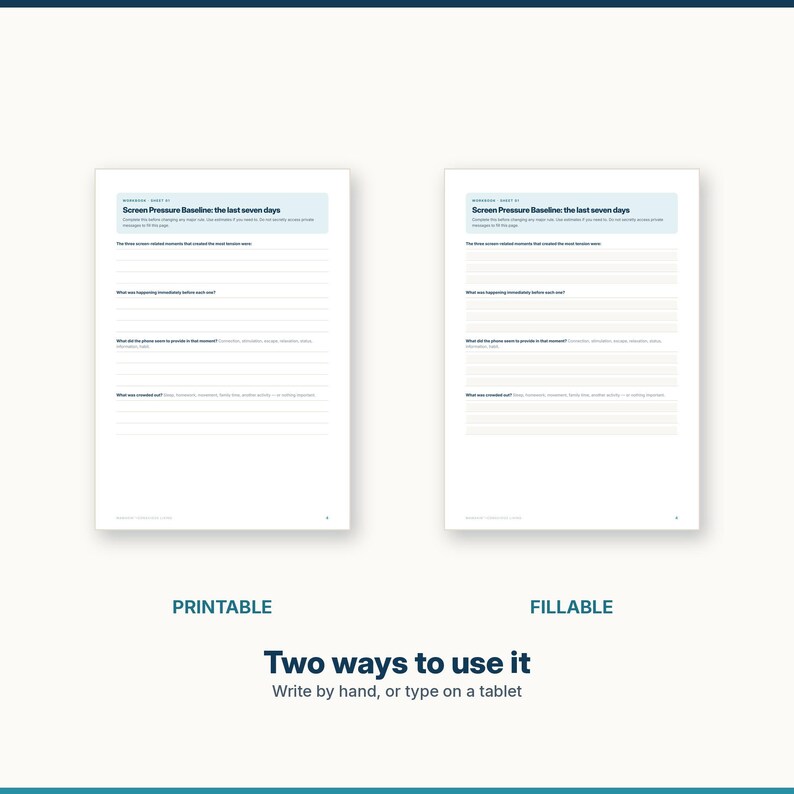 Puede incluir: Dos hojas de trabajo blancas id&eacute;nticas tituladas Screen Pressure Baseline: the last seven days, con secciones rayadas para respuestas escritas. Debajo de las hojas, el texto dice Printable, Fillable y Two ways to use it: Write by hand, or type on a tablet.