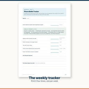 Puede incluir: Una p&aacute;gina de libro de ejercicios blanca titulada Phone Battle Tracker, Sheet 11. Incluye secciones para la semana, noches escolares, una escala de intensidad de conflicto de 0 a 4, y campos para registrar recordatorios y momentos familiares.