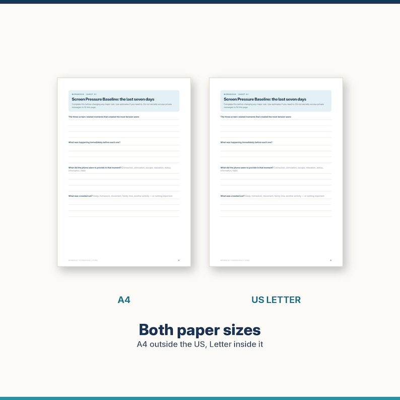 Puede incluir: Dos p&aacute;ginas de cuaderno de ejercicios blancas tituladas Screen Pressure Baseline: the last seven days, con secciones rayadas para respuestas escritas. Una p&aacute;gina est&aacute; etiquetada como A4 y la otra como US Letter, indicando dos tama&ntilde;os de papel.