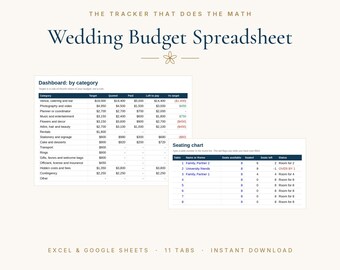Puede incluir: Una plantilla de hoja de cálculo digital para presupuesto de boda con un panel por categoría y un plano de asientos. El texto dice: THE TRACKER THAT DOES THE MATH, Wedding Budget Spreadsheet, EXCEL & GOOGLE SHEETS, 11 TABS, INSTANT DOWNLOAD.