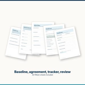Puede incluir: Un conjunto de cinco hojas imprimibles blancas con encabezados azules y texto negro, que incluyen t&iacute;tulos como Parent Mirror Audit, Family Screen Agreement, Replacement Menu, Phone Battle Tracker y 7-Day Bedtime Reset, con secciones rayadas.