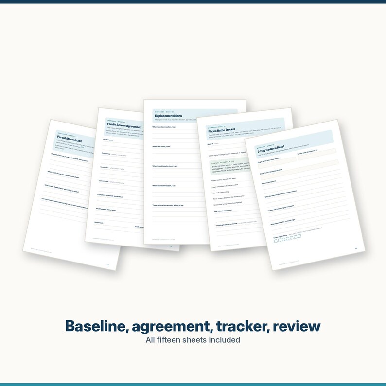 Puede incluir: Un conjunto de cinco hojas imprimibles blancas con encabezados azules y texto negro, que incluyen t&iacute;tulos como Parent Mirror Audit, Family Screen Agreement, Replacement Menu, Phone Battle Tracker y 7-Day Bedtime Reset, con secciones rayadas.