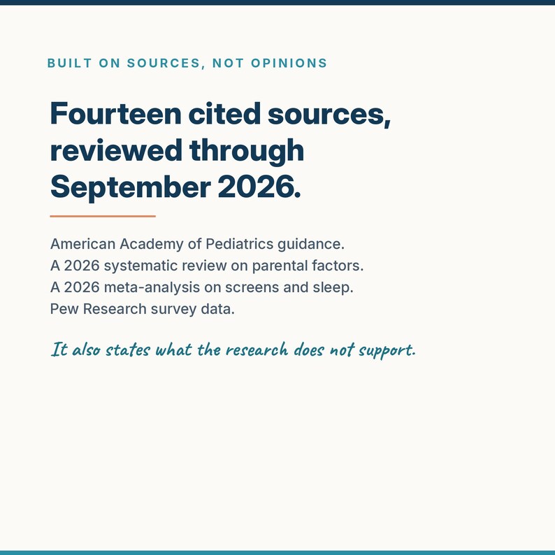 Puede incluir: Un gr&aacute;fico informativo blanco con texto azul oscuro que dice: BUILT ON SOURCES, NOT OPINIONS. Fourteen cited sources, reviewed through September 2026. American Academy of Pediatrics guidance. A 2026 systematic review on parental factors. A 2026 meta-analysis on screens and sleep. Pew Research survey data. It also states what the research does not support.