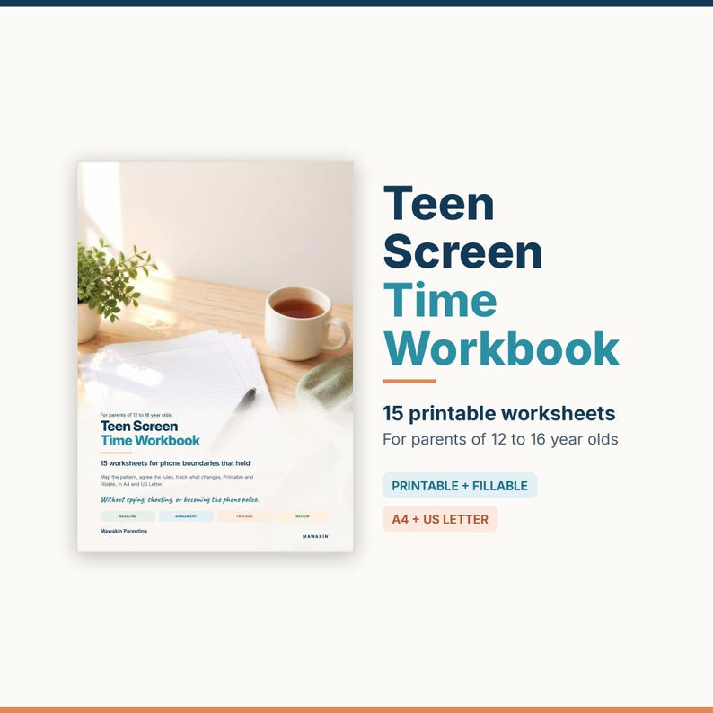 Puede incluir: Un libro de trabajo digital titulado Teen Screen Time Workbook con 15 hojas de ejercicios imprimibles para padres de adolescentes de 12 a 16 a&ntilde;os. El documento incluye secciones para l&iacute;mites de uso, es rellenable y est&aacute; en A4 y US Letter.