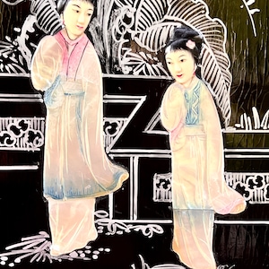 Beautiful Vintage Asian Black Lacquer Wall Panel Set/Mother of Pearl/Woman Art/Home Decor