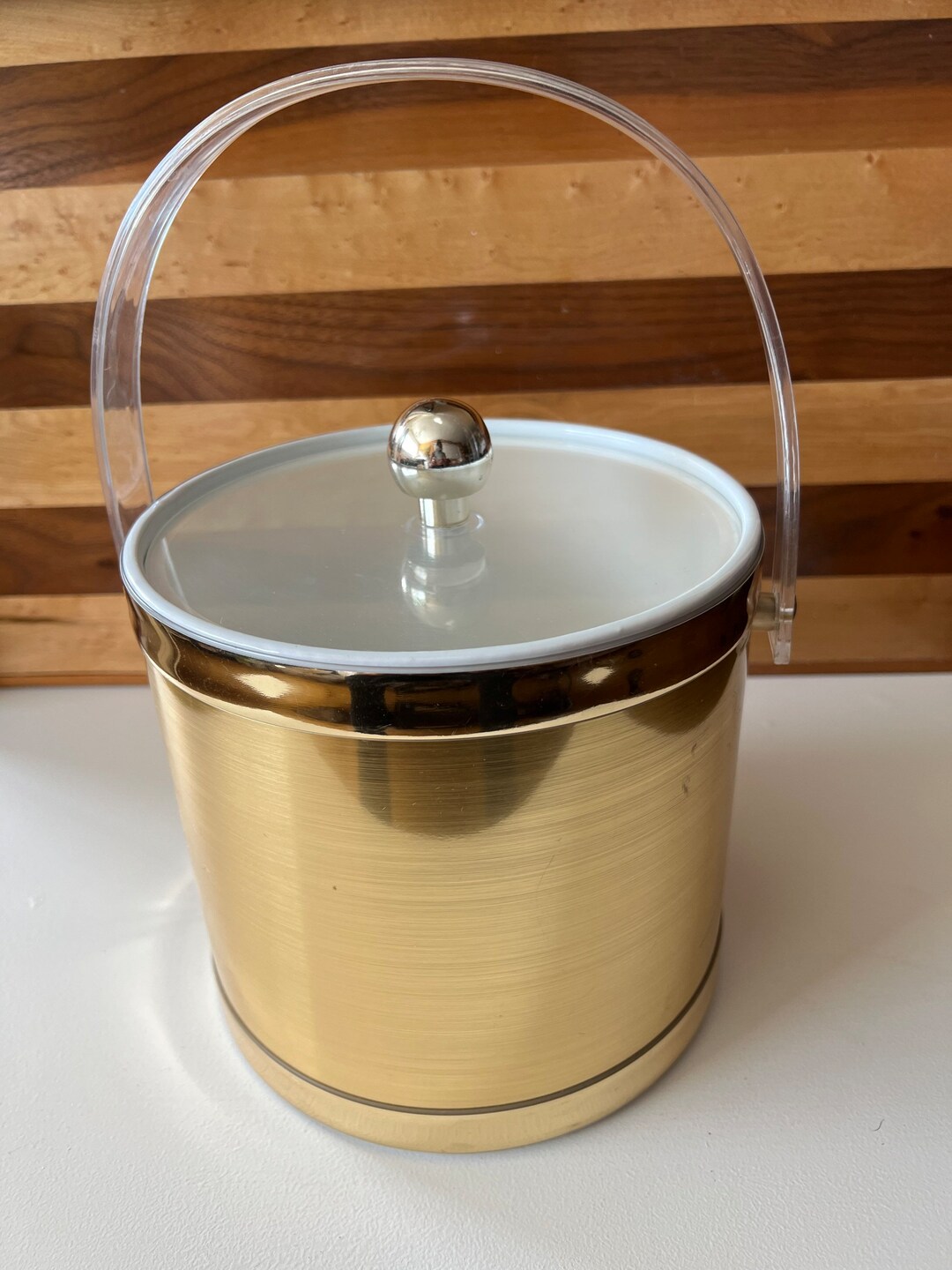 Vintage Culver Ice Bucket Brushed Gold Body Acrylic Handle Lid Tongs