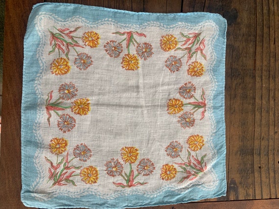 Vintage Cotton Floral Handkerchief/Blue Yellow Gr… - image 3