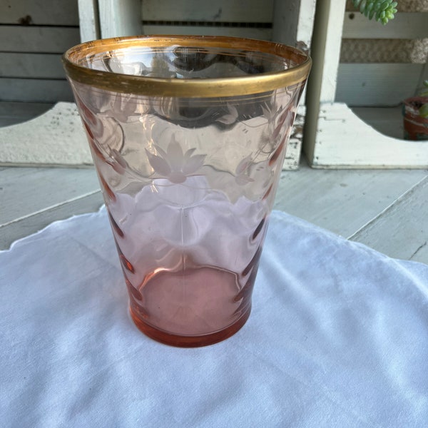 Vintage Pink Depression Glass Vase with Gold Rim/Large/Deco/Romantic/Boho