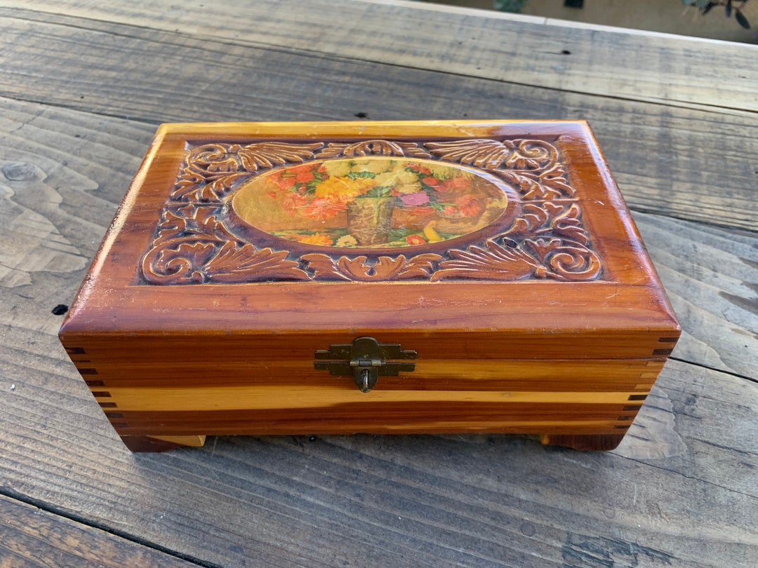 Vintage Cedar Wood Carved Jewelry Box With Hinged Lock and Decoupage