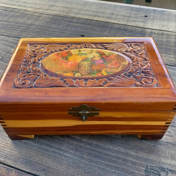 Vintage Cedar Wood Carved Jewelry Box  with Hinged Lock and Decoupage Flowers