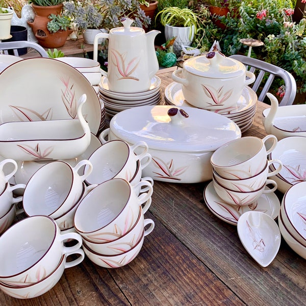 Lot of Vintage Winfield Dragon Flower China, Cream, Cocoa Brown, Pink, MCM, Minimalist, Large Set