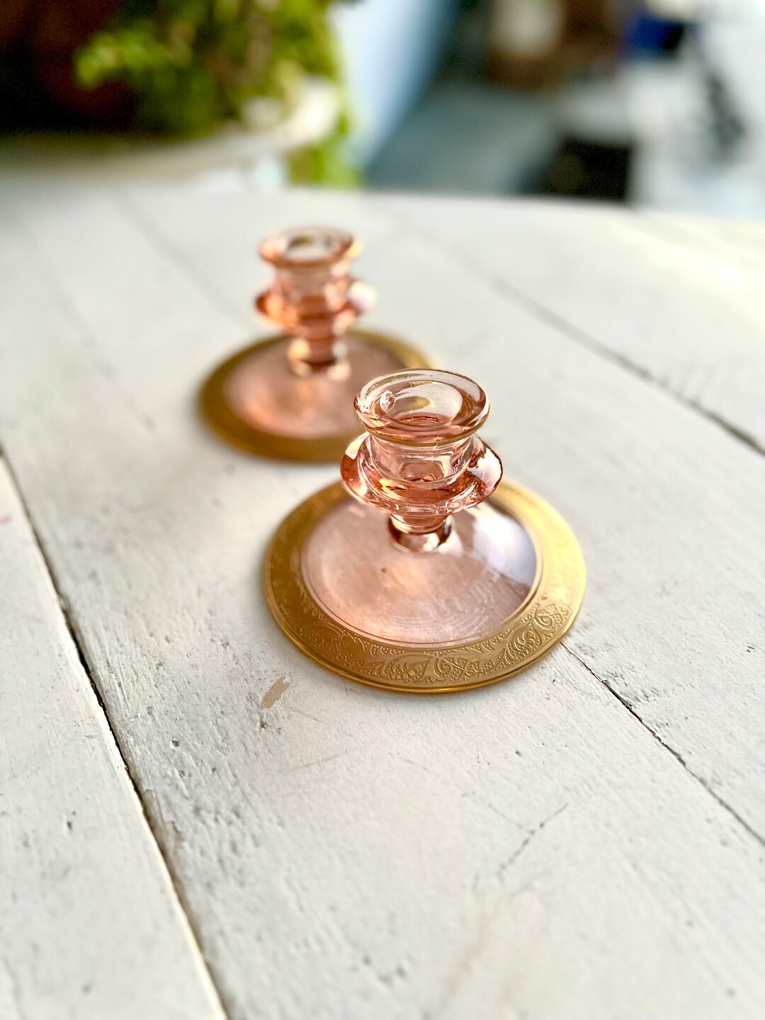 Pair of Vintage/antique Pink Depression Glass Candle Holders W/gold