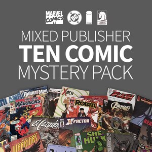 May include: A collection of ten comic books from various publishers including Marvel, DC, Image, and Dark Horse. The books feature diverse cover art with titles such as Animal Man, The New Warriors, Robin, X-Factor, and She-Hulk on a grey background.