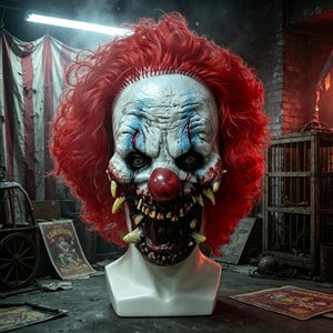 Puede incluir: Una máscara de payaso de cabeza completa con cabello sintético rojo vibrante, rostro blanco pálido con acentos azules alrededor de los ojos, nariz roja redonda y una boca ancha y abierta llena de dientes afilados y amarillentos sobre un maniquí.