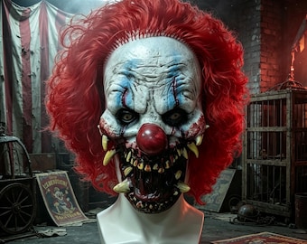 Volledig latex clownmasker – rode pruik, gebarsten huid, hoektanden (Halloween horror)