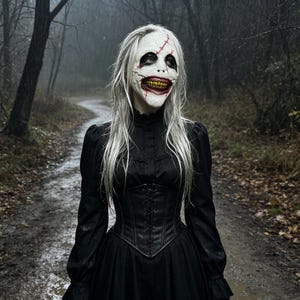 May include: A full-face mask featuring a pale, textured surface with red stitched detailing across the forehead and mouth area, deep black eye sockets, and prominent yellow teeth. The mask is paired with a long-sleeved black dress with a corset-style bodice.