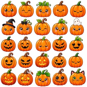 Pode incluir: Uma coleção de vinte e cinco ilustrações de abóboras laranja com várias expressões faciais, incluindo sorrisos, piscadelas e rostos de abóbora de Halloween, algumas adornadas com chapéus, laços ou uma pequena figura de fantasma.