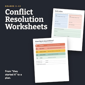 May include: Conflict Resolution Worksheets for grades 2-12 featuring two pages. One page titled Both sides includes sections for views, feelings, and plans. The second page titled How big is my problem? uses a colour-coded scale from 1 to 5.