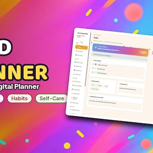 May include: An interactive digital ADHD planner displayed on a screen, featuring a sidebar menu and a daily task interface. The text reads ADHD PLANNER, Interactive Digital Planner, Focus, Mood, Habits, Self-Care, and Today, set against a colorful background.