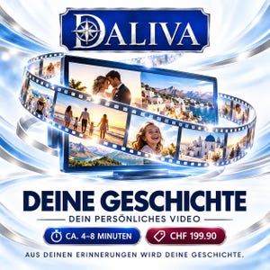 Könnte beinhalten: Ein digitaler Bildschirm mit einer Filmstreifen-Grafik, die verschiedene Fotos von Menschen und Landschaften zeigt. Oben steht DALIVA, darunter DEINE GESCHICHTE, DEIN PERSÖNLICHES VIDEO, CA. 4-8 MINUTEN, CHF 199.90 und AUS DEINEN ERINNERUNGEN WIRD DEINE GESCHICHTE.
