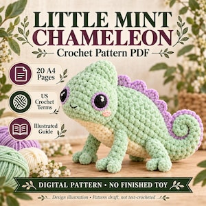 Puede incluir: Un patrón de ganchillo en PDF para un pequeño camaleón color menta. El documento incluye 20 páginas A4, términos de ganchillo de EE. UU. y una guía ilustrada. La imagen muestra un camaleón tejido en verde menta y crema con crestas moradas y cola.
